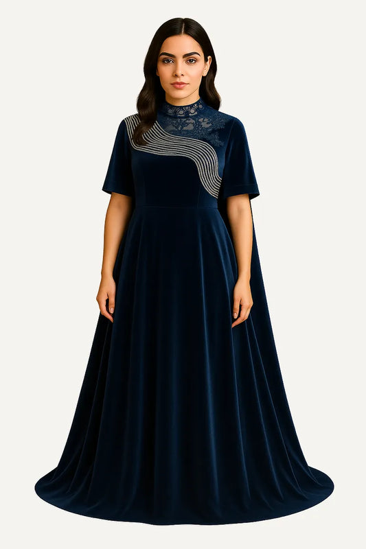 Aveline Velvet Gown – WAROODI Luxury Collection (Midnight Blue)
