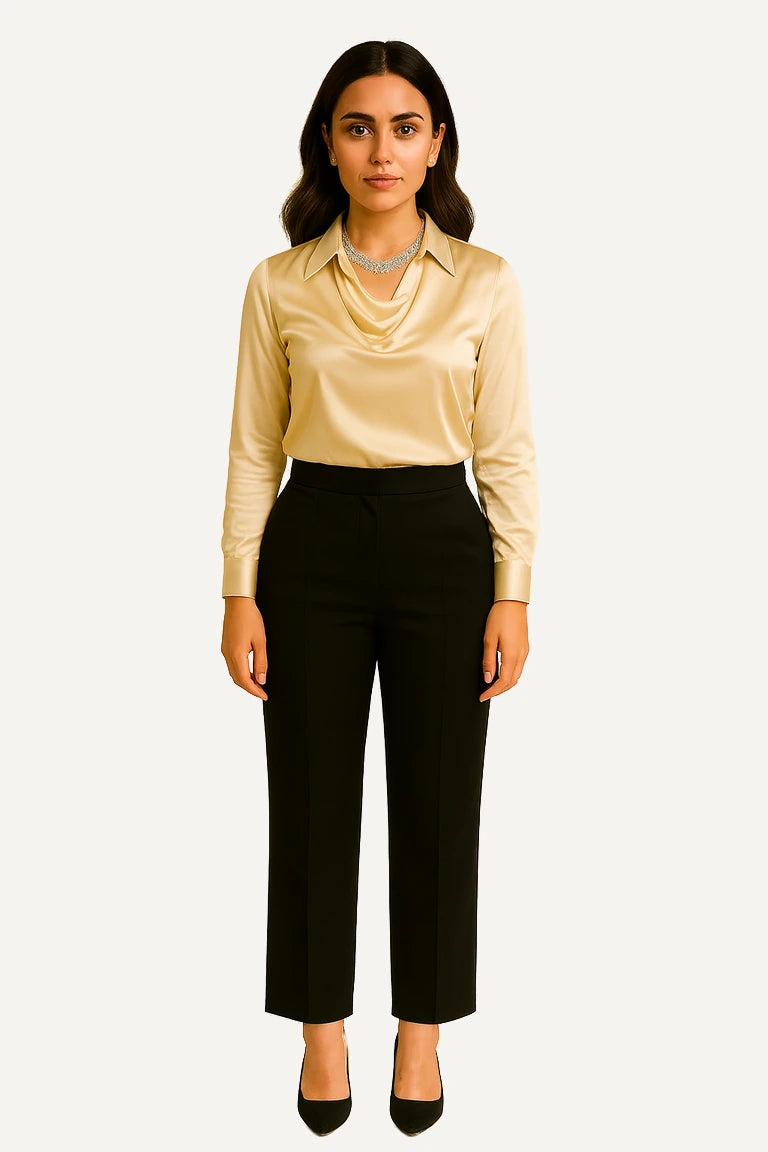WAROODI Celina Satin Cowl Shirt in Champagne – Premium modest satin top for women