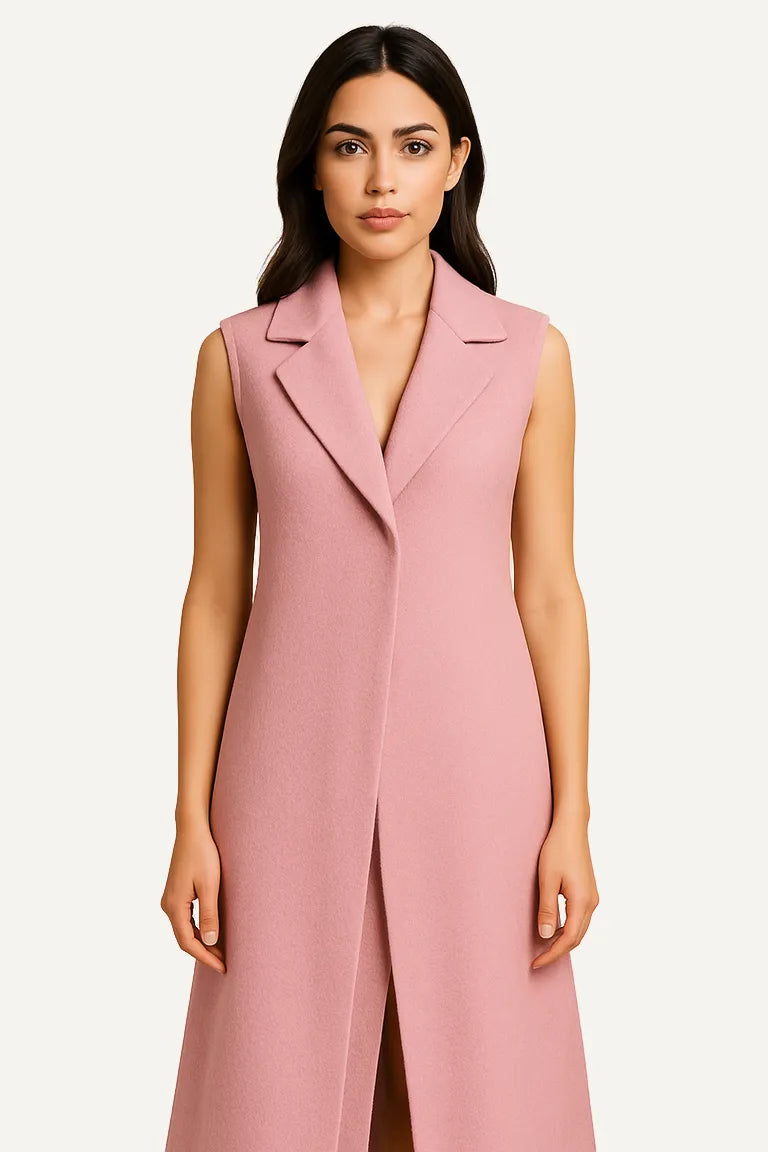 WAROODI Elise Sleeveless Prestige Coat in Rose Blush — long sleeveless modest coat with lapel collar and tailored silhouette.