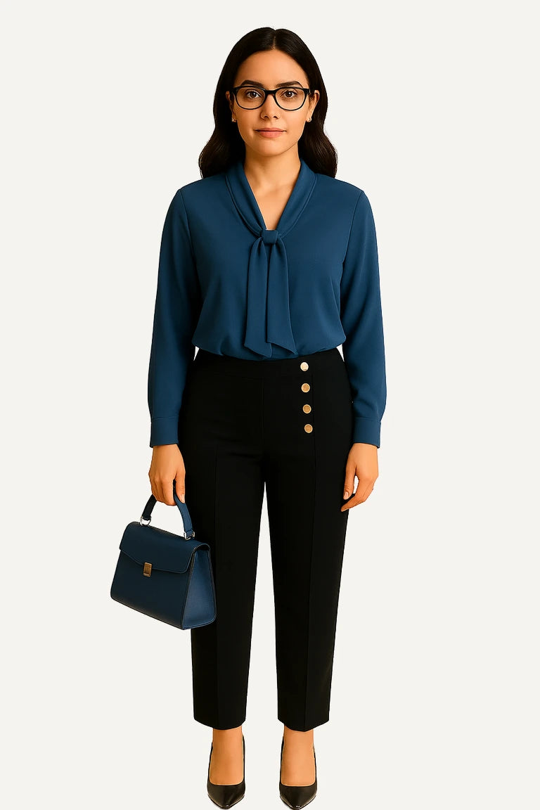 WAROODI Elise Tie-Neck Blouse in Teal Blue – Premium modest satin long-sleeve top for women