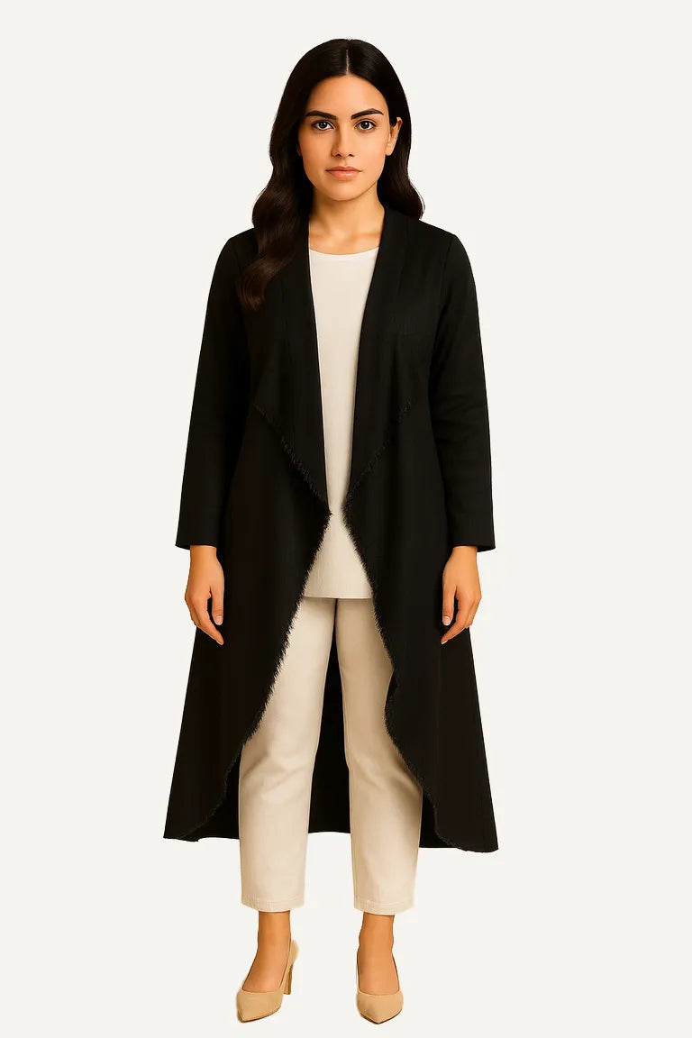 WAROODI Liana Flow Coat in Midnight Black — long lightweight flow coat with cascading open front and ankle-length silhouette.