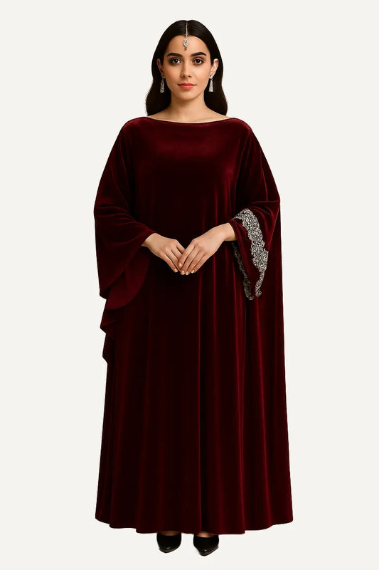 WAROODI Malika Velvet Kaftan in Deep Burgundy – full-length velvet kaftan with crystal-embellished sleeves