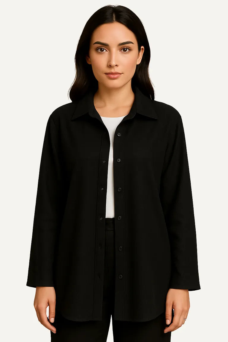 WAROODI Mira Classic Shirt – Black, long-sleeve modest button-down top for women