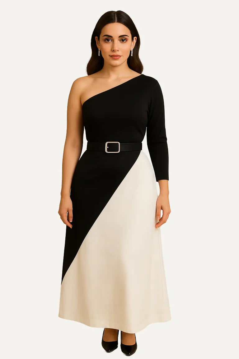 WAROODI Noir Contrast Maxi in Black & Ivory — one-shoulder asymmetrical modest evening maxi with dual-tone panel and structured belt.