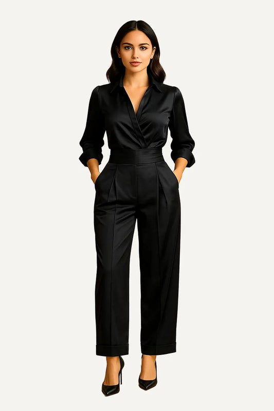 WAROODI Serene Satin Co-ord Set in Midnight Black – wrap shirt and high-waist trousers, luxury modest wear.
