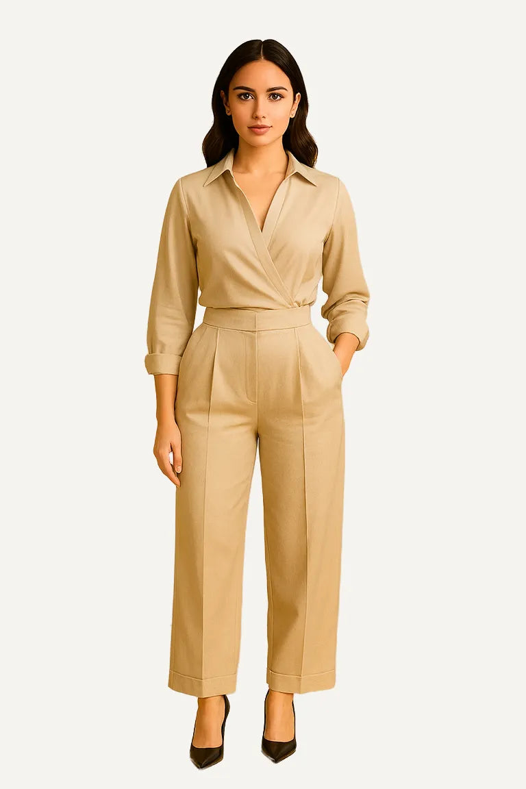 WAROODI – Serene Wrap Co-ord Set in Sand Beige – Modest Trouser & Shirt Set for Women