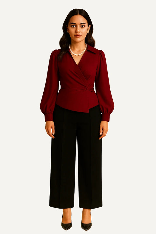 WAROODI Serene Wrap Set – deep wine modest pants and shirt co-ord for women