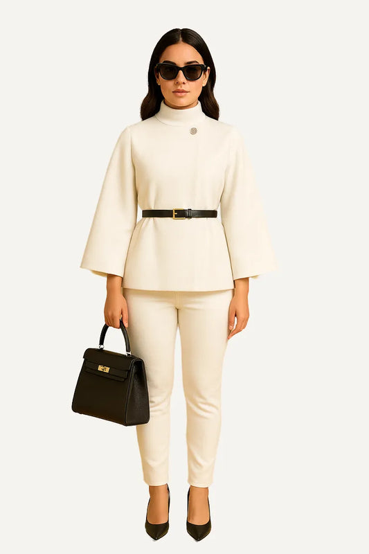 WAROODI Valeria Cape Co-ord Set in Ivory – premium crepe modest outfit with cape top and tailored trousers