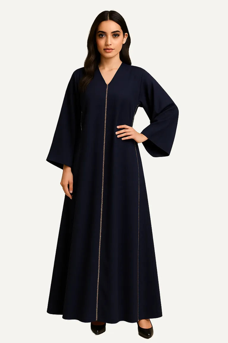 WAROODI Zahra Line Modest Kaftan in Midnight Navy – front view with gold-line trim, premium crepe, modest A-line silhouette.