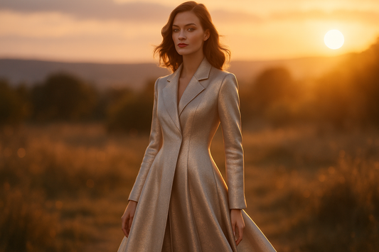 Please generate me a picture of a woman who wearing a long coat woman should westren face and she should be wearing a long coat in fabric was using shimmer cotton and it should be a beautiful background for my hero image